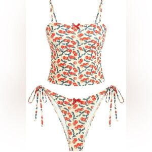 NWT ZAFUL Cherry Tankini Tummy Control Tie Side High Cut Bikini 2pc Women’s L